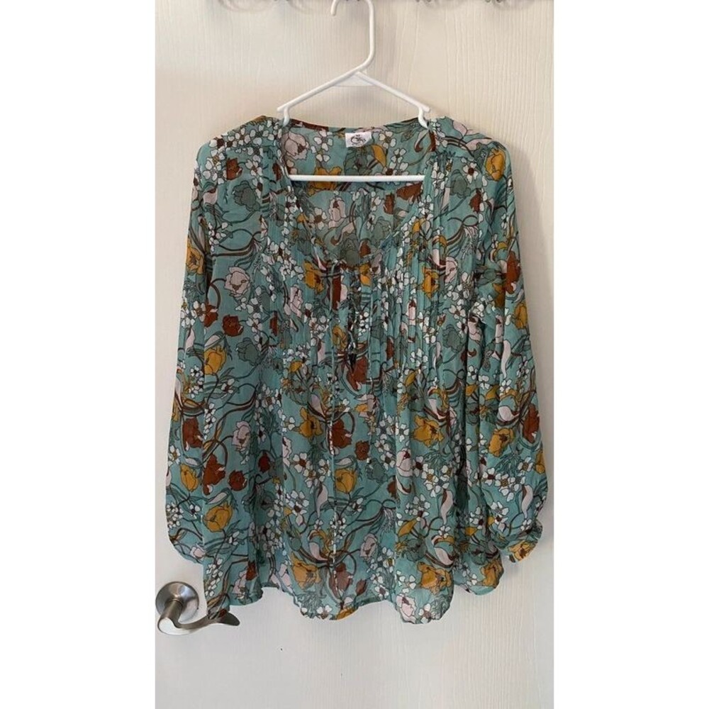 Cami's Closet Womens Medium Floral Peasant Blouse Long Sleeve Boho Aqua Teal